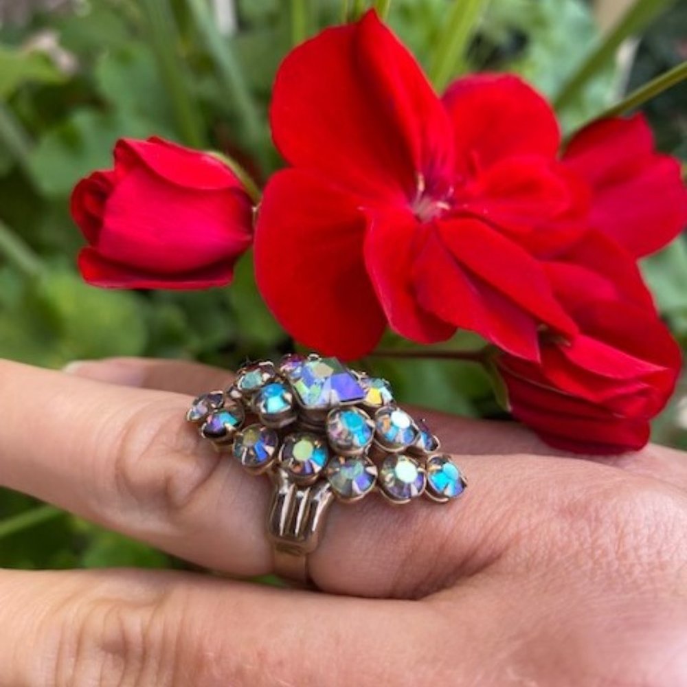 VTG Gold Tone AB Aurora Borealis Rhinestone Statement RING